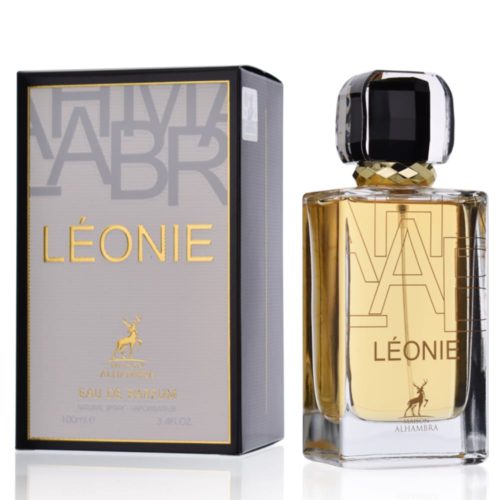 Léonie Eau de Parfum para Mujer de Maison Alhambra, frasco de 100 ml con una elegante forma rectangular y líquido dorado, adornado con un tapón negro y dorado, expuesto junto a una caja gris y negra con letras doradas.