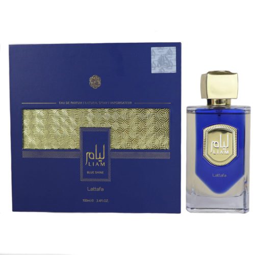 Liam Blue Shine Eau de Parfum de Lattafa, con un vibrante frasco azul y dorado junto a una caja azul real con patrones decorativos dorados.