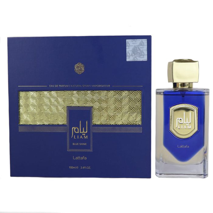 Liam Blue Shine Eau de Parfum de Lattafa, con un vibrante frasco azul y dorado junto a una caja azul real con patrones decorativos dorados.