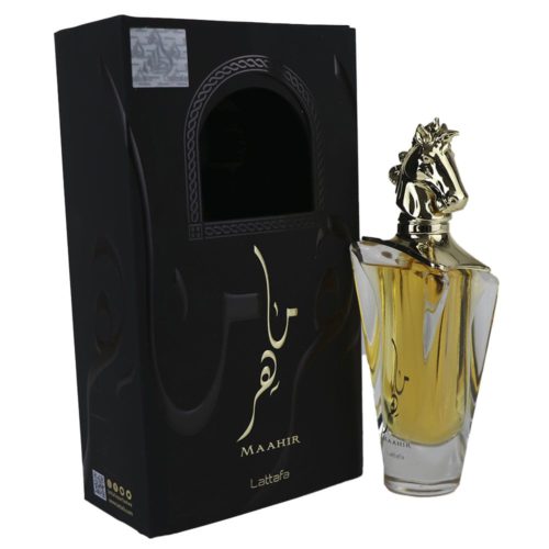 Maahir Eau de Parfum de Lattafa, con un llamativo frasco dorado de cabeza de caballo con base transparente, presentado junto a una elegante caja negra y dorada.