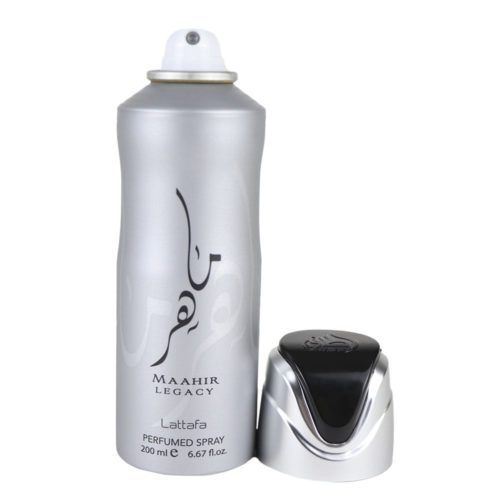 Vista frontal de un spray perfumado Maahir Legacy de Lattafa para hombre, de 200 ml, de plata, con el tapón quitado, que muestra la escritura árabe y el nombre de la marca.