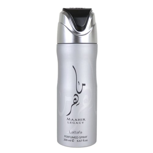 Vista frontal del spray perfumado plateado Maahir Legacy de Lattafa, 200 ml, con su tapón negro y plateado colocado al lado.