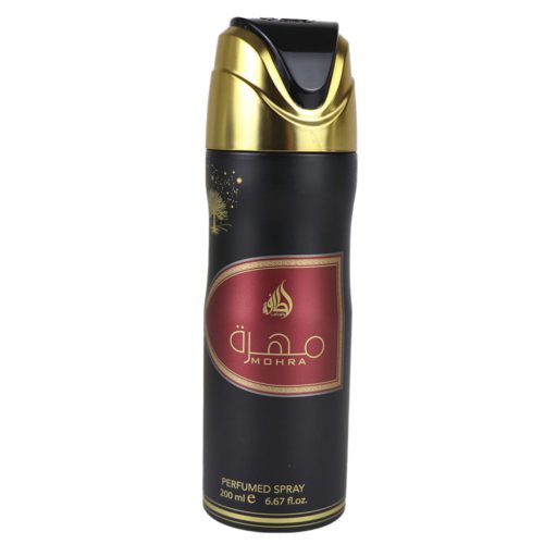 Vista frontal del spray perfumado Mohra de Lattafa, 200 ml, con el tapón dorado y negro fijado al bote.