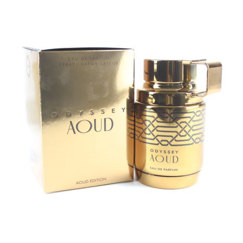 Odyssey Aoud Eau de Parfum de ARMAF, con un lujoso frasco dorado de diseño geométrico, presentado junto a una caja dorada brillante a juego.