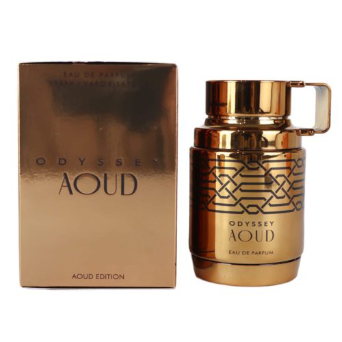 Odyssey Aoud Eau de Parfum, presentado en una botella dorada reflectante con patrones geométricos intrincados, acompañado de una caja dorada a juego.