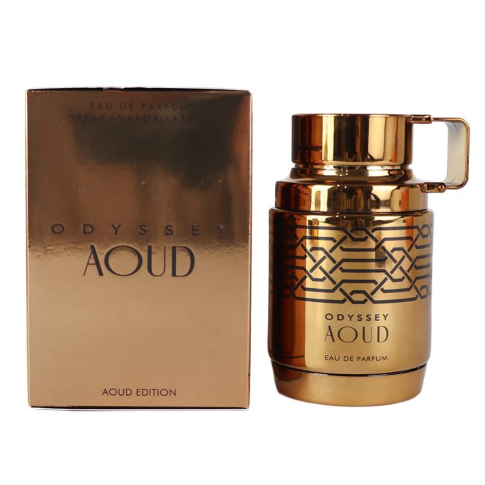 Odyssey Aoud Eau de Parfum, presentado en una botella dorada reflectante con patrones geométricos intrincados, acompañado de una caja dorada a juego.