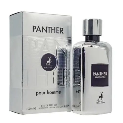 Panther Eau de Parfum para hombre de Maison Alhambra, frasco de 100 ml en un elegante acabado plateado con una caja metálica a juego. El frasco presenta el logotipo de Panther y la etiqueta «pour homme» en texto negro.