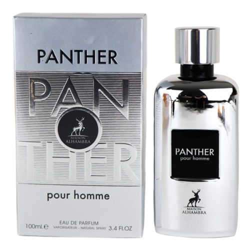Panther Eau de Parfum de Maison Alhambra, con un elegante frasco plateado con etiqueta negra, acompañado de una caja texturizada en color plata.