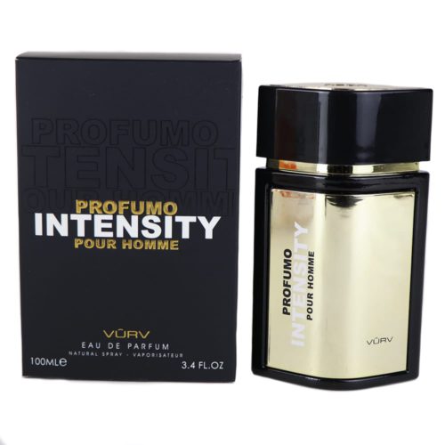 Profumo Intensity Pour Homme de Vurv, con una botella rectangular en negro y dorado, junto a una caja negra con el nombre de la fragancia en relieve.