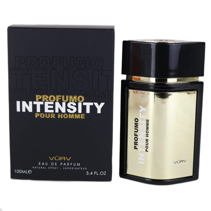 Profumo Intensity Pour Homme de Vurv, con una botella rectangular en negro y dorado, junto a una caja negra con el nombre de la fragancia en relieve.