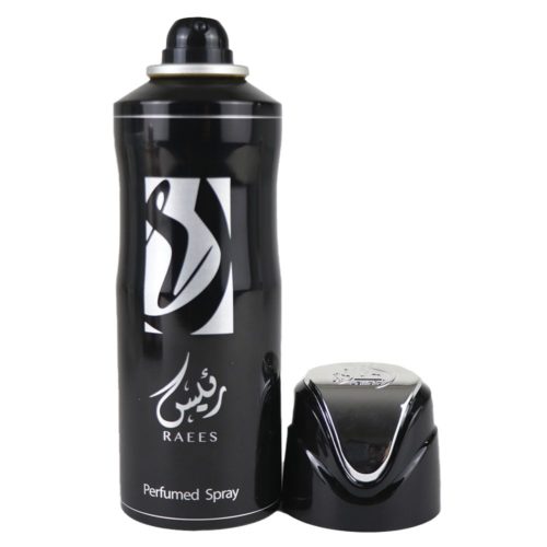 Vista frontal del spray perfumado Raees de Lattafa, 200 ml, para hombre. El frasco negro tiene un diseño de escritura árabe plateada, con el tapón colocado al lado.