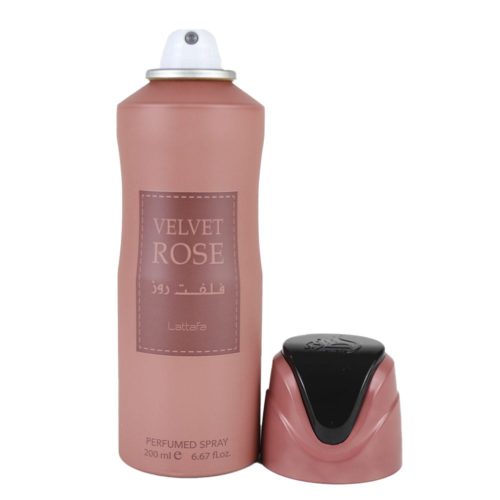 Lattafa Velvet Rose Spray perfumado para mujer, 200 ml, frasco rosa mate con tapón retirado que muestra la boquilla pulverizadora, nombre del producto en árabe e inglés.