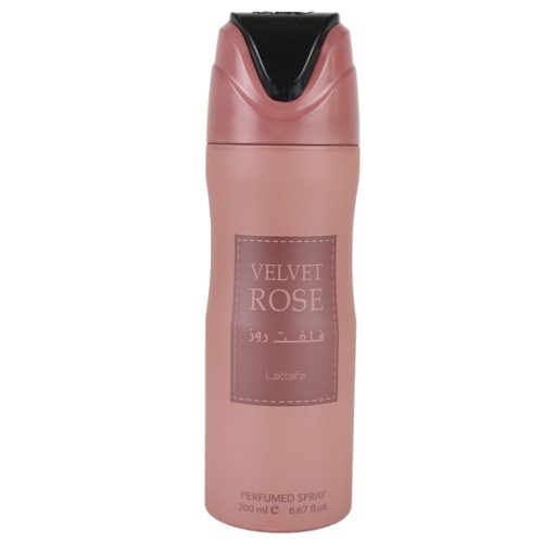 Lattafa Velvet Rose Spray perfumado para mujer, 200 ml, frasco rosa mate con tapón negro y plateado, nombre del producto en árabe e inglés.