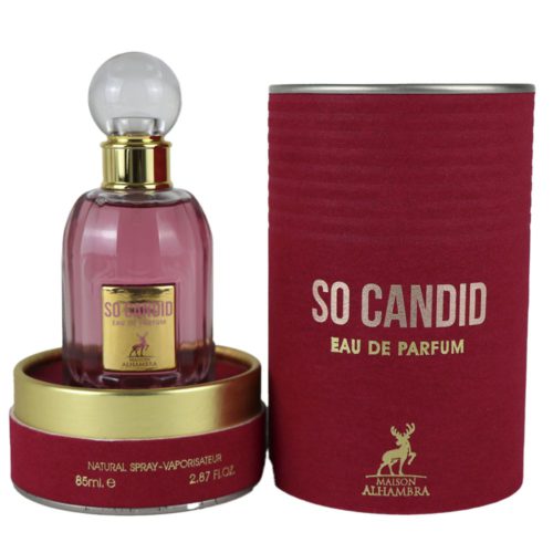 So Candid Eau de Parfum 85ml para Mujer de Maison Alhambra, presentado con un tapón redondo y junto a su envase cilíndrico rojo.