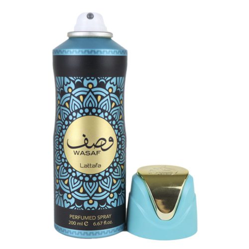 Wasaf Spray Perfumado 200 ml para Hombre de Lattafa con un intrincado diseño de mandala azul y dorado en el bote.