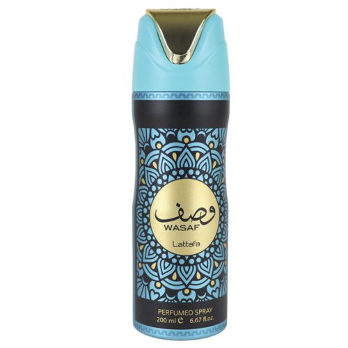 Vista frontal del spray perfumado Wasaf 200 ml para hombre de Lattafa con el tapón puesto, con diseño de mandala azul y dorado.