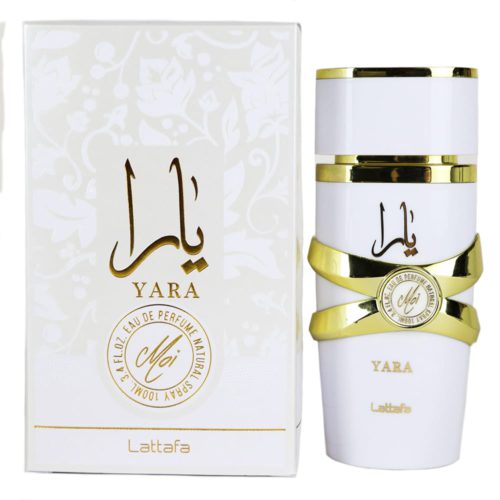 Yara Moi Eau de Parfum de Lattafa, con un elegante frasco blanco con detalles dorados y una caja blanca a juego adornada con patrones florales y letras doradas elegantes.