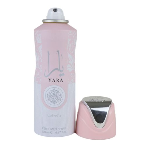 Yara Perfumed Spray 200 ml para Mujer de Lattafa con elegante diseño rosa y plateado, que presenta un intrincado estampado floral en el bote.