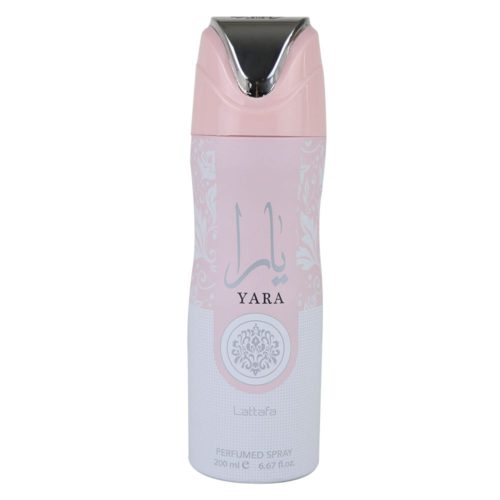 Vista frontal de Yara Perfumed Spray 200 ml for Women de Lattafa con tapón, con un diseño floral rosa y plateado.