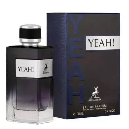 Yeah! Eau de Parfum for Men de Maison Alhambra, frasco de 100 ml con un elegante diseño en degradado negro y transparente, con etiqueta plateada y tapón negro, colocado junto a una caja negra y azul a juego.