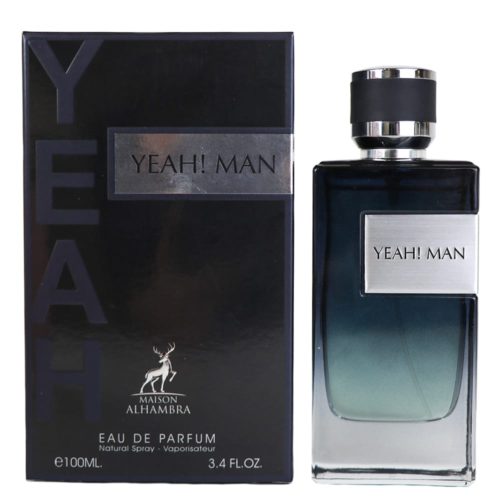 Yeah! Man Eau de Parfum de Maison Alhambra, presentado con una elegante botella de degradado negro a gris y una caja a juego con tipografía llamativa.