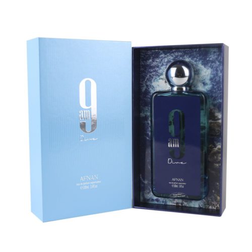 9 AM Dive Eau de Parfum 100 ml by Afnan, open box showing the sleek dark blue bottle with silver cap, placed inside a matching blue presentation box.