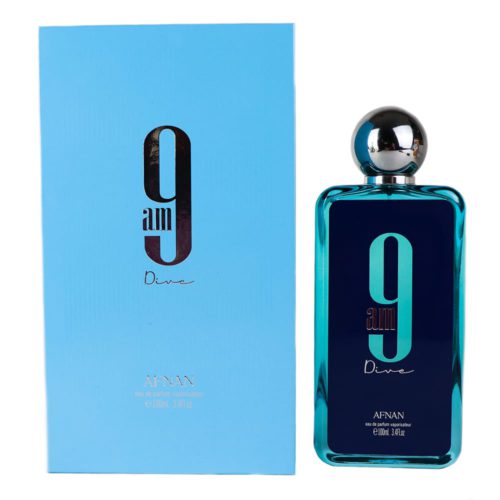 Un frasco de perfume rectangular en color turquesa con una tapa plateada reflectante, etiquetado como "9 am Dive," junto a un empaque azul brillante a juego con tipografía audaz.