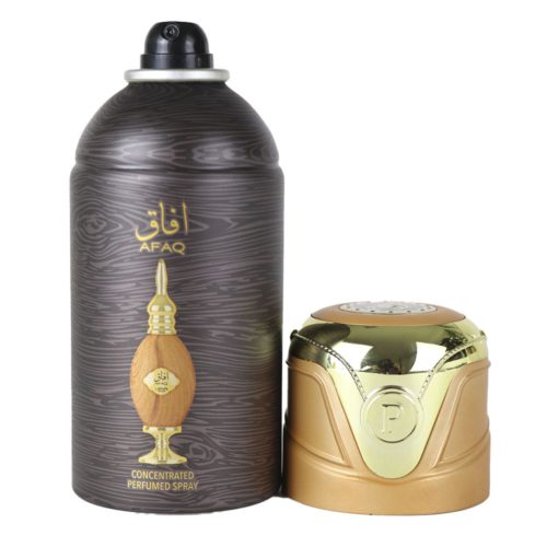 Frasco de spray perfumado concentrado Lattafa Afaq de color marrón con textura de madera y detalles dorados, que se presenta con un tapón dorado al lado, con un diseño ornamentado del frasco en la parte delantera.