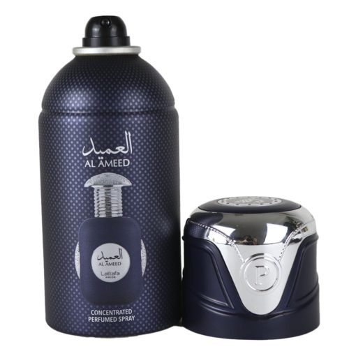 Lattafa Pride Al Ameed Spray Perfumado Concentrado 250 ml en un bote azul marino con detalles plateados, con una ilustración del frasco de perfume en la parte delantera.