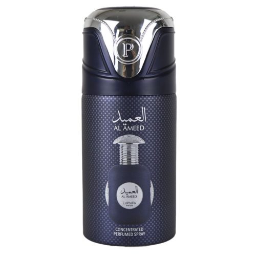 Lattafa Pride Al Ameed Spray Perfumado Concentrado 250 ml en un bote azul marino con detalles plateados, con una ilustración del frasco de perfume en la parte delantera.