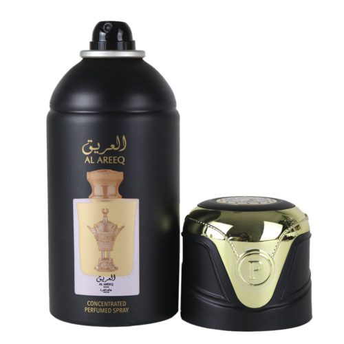 Frasco de spray perfumado concentrado Lattafa Al Areeq negro y dorado, expuesto con su tapón dorado desmontable al lado, con la marca árabe y un elegante diseño del frasco.