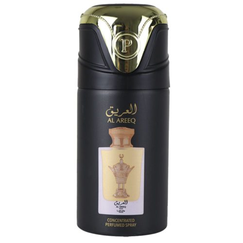 Lattafa Al Areeq frasco negro y dorado de spray perfumado concentrado con tapón dorado e intrincado diseño árabe, que hace gala de un lujoso envase.