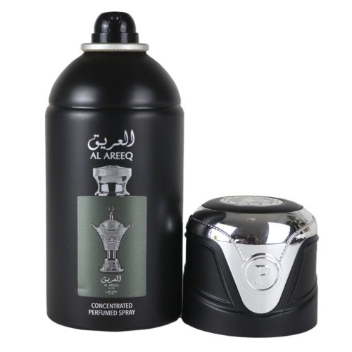 Lattafa Pride Al Areeq Silver Spray Perfumado Concentrado de 250 ml en un bote negro con detalles plateados, con una ilustración del frasco de perfume con un diseño tradicional de cafetera árabe.