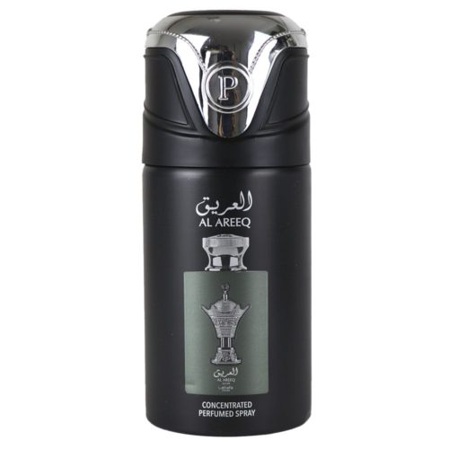 Lattafa Pride Al Areeq Silver Spray Perfumado Concentrado de 250 ml en un bote negro con detalles plateados, con una ilustración del frasco de perfume con un diseño tradicional de cafetera árabe.