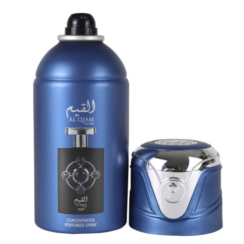 Frasco de spray perfumado concentrado Lattafa Pride Al Qiam Silver en azul metálico, con información detallada del producto en la parte posterior y tapón plateado reflectante.