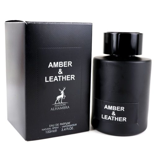 Eau de Parfum Amber & Leather para hombre de Maison Alhambra, 100 ml, frasco negro mate con caja negra a juego con el logotipo del ciervo.