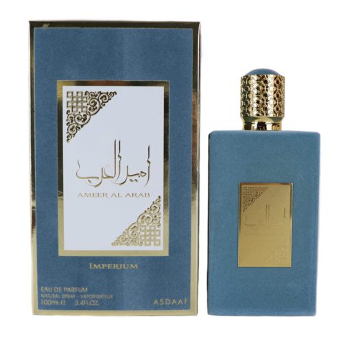 Ameer Al Arab Imperium Eau de Parfum de Asdaaf, que muestra un frasco de perfume de 100 ml con textura de terciopelo azul y detalles dorados, junto a una caja azul y dorada a juego.