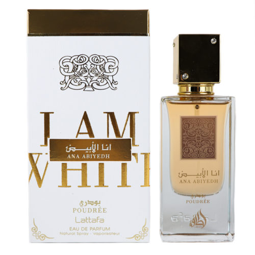 Lattafa Ana Abiyedh Leather Eau de Parfum box and bottle set, showcasing elegant design with gold accents.