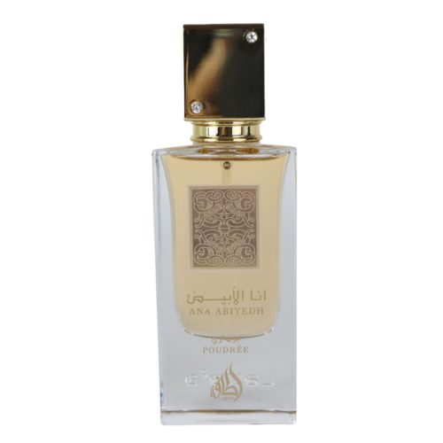 Frasco de eau de parfum de piel Lattafa Ana Abiyedh, transparente con tapón dorado y etiqueta ornamentada.