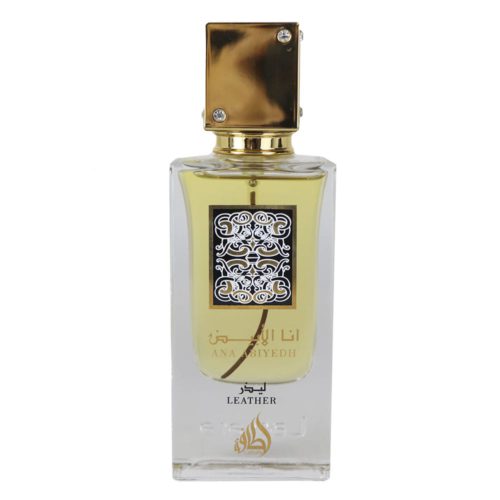 Lattafa Ana Abiyedh Leather Eau de Parfum frasco de 60 ml con diseño transparente y tapón dorado, con detalles decorativos.