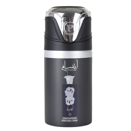 Frasco de spray perfumado concentrado Lattafa Ansaam en plata y negro, con un delicado diseño floral y un tapón plateado con el logotipo «P».