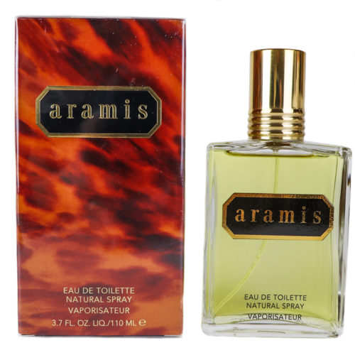 Aramis Eau De Toilette Natural Spray 3.7 fl oz (110 ml) bottle and packaging box for men, featuring a tortoise shell design with gold and black accents.