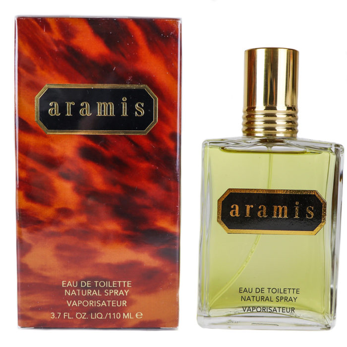 Aramis Eau De Toilette Natural Spray 3.7 fl oz (110 ml) bottle and packaging box for men, featuring a tortoise shell design with gold and black accents.