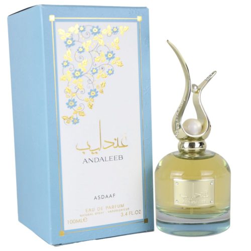 Frasco de Asdaaf Andaleeb Eau de Parfum 100 ml mostrado junto a su elegante caja azul con detalles dorados y florales.