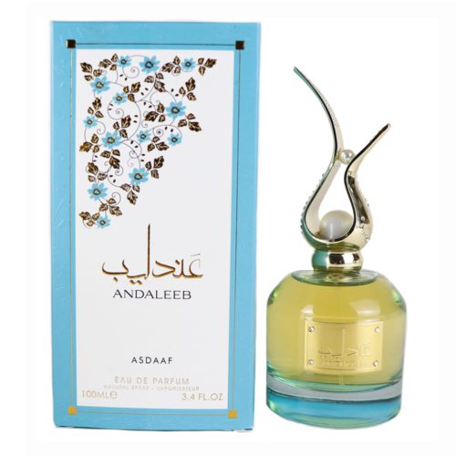 Andaleeb Eau de Parfum 100ml de Asdaaf, con un elegante empaque azul y dorado con detalles florales. El frasco de perfume tiene una distintiva tapa dorada curvada con un detalle de perla.