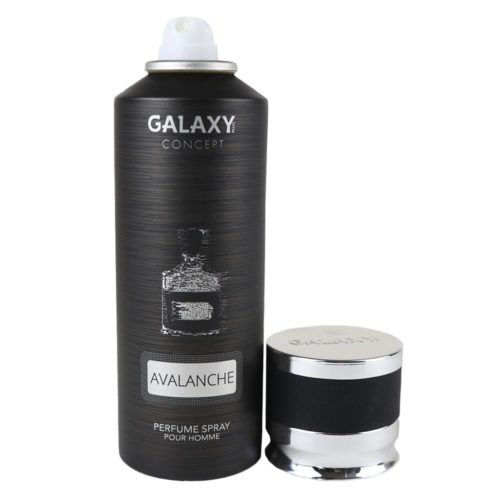Perfume en spray Avalanche para hombre de Galaxy Concept, envase de 200 ml con tapón abierto, de elegante diseño negro con detalles plateados.
