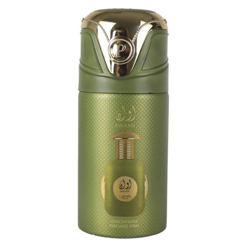 Lattafa Pride Awaan Spray Perfumado Concentrado 250 ml, con un bote verde con tapón dorado y una ilustración del frasco de perfume en la parte delantera.