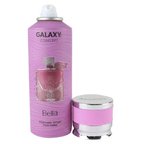 Perfume en spray Bella para mujer de Galaxy Concept, lata de 200 ml con un diseño de textura rosa e ilustración de un frasco de perfume. El tapón se coloca junto a la lata.