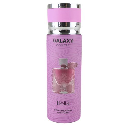 Vista frontal del spray de perfume Bella para mujer de Galaxy Concept, en la que destaca el diseño de textura rosa y la detallada ilustración del frasco de perfume.