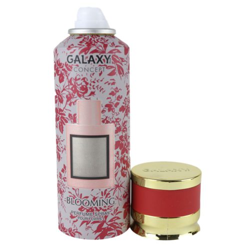 Perfume en spray Blooming para mujer de Galaxy Concept, lata de 200 ml con un diseño floral rojo y blanco, que presenta una ilustración de un frasco de perfume. El tapón dorado y rojo se coloca junto a la lata.